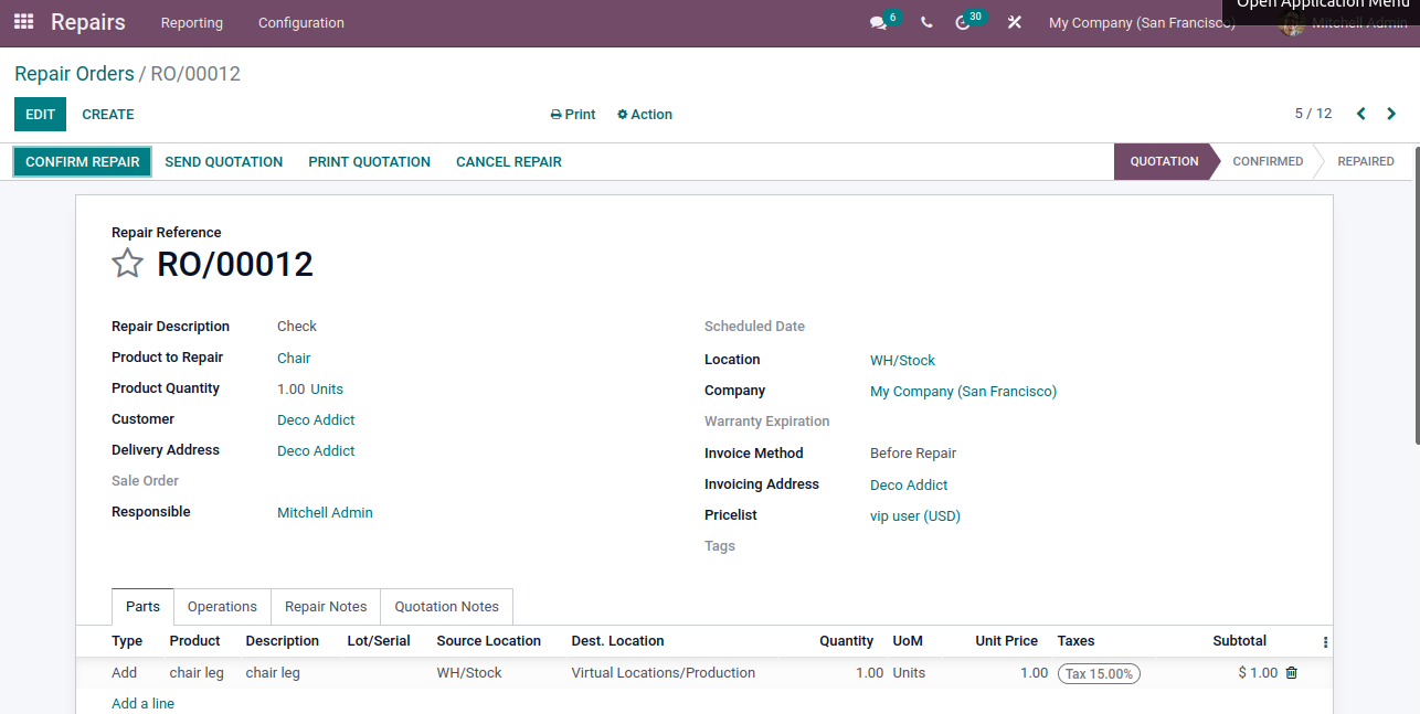 odoo 15 repair module