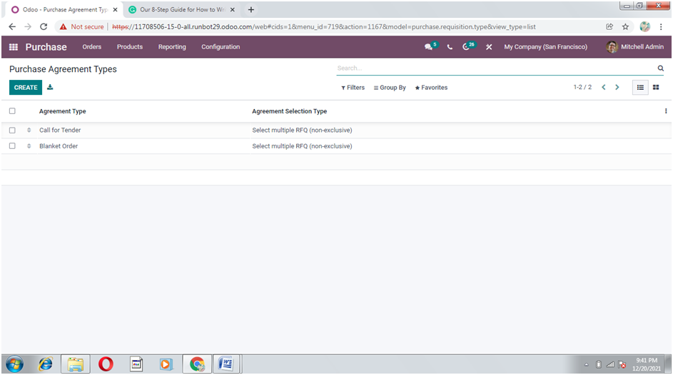 odoo purchase agreement types