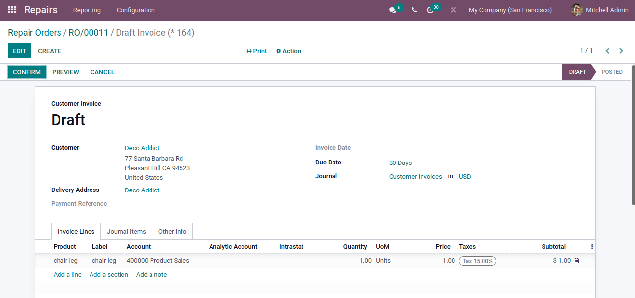 repair orders odoo 15